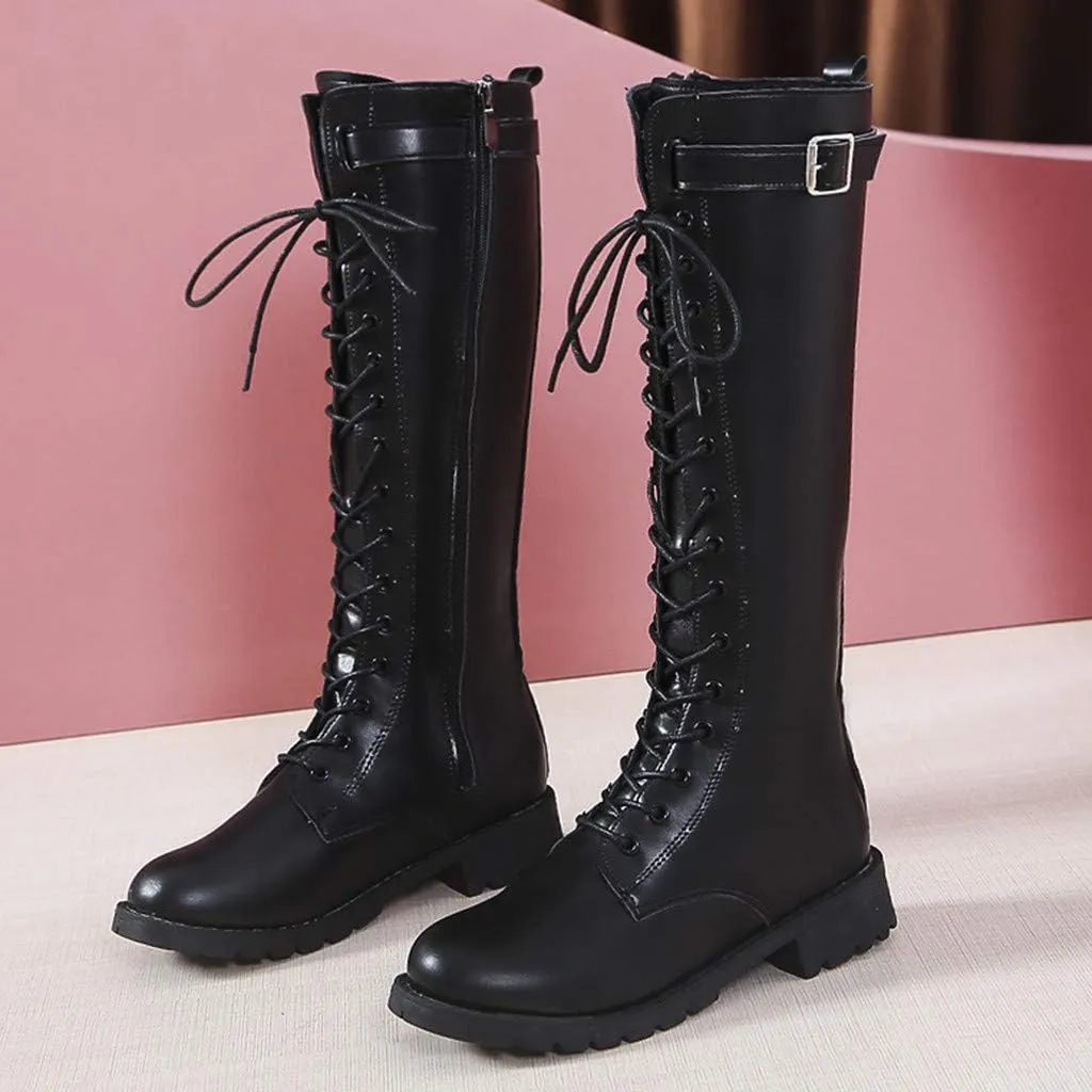 Womens Combat Boots,Low Heel Round Toe Tall Boots with Multi Adjustable Buckl Strap Long Strappy Lace Up Knee High Boots Classic Steampunk High Boots for Women Winter Fall Walking Hiking