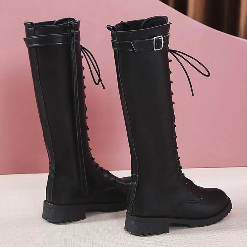 Womens Combat Boots,Low Heel Round Toe Tall Boots with Multi Adjustable Buckl Strap Long Strappy Lace Up Knee High Boots Classic Steampunk High Boots for Women Winter Fall Walking Hiking