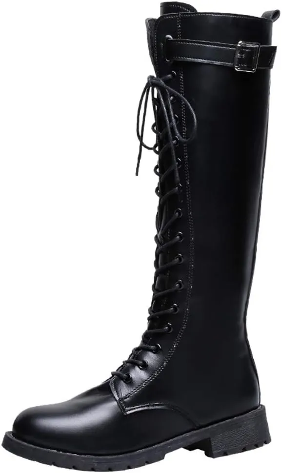 Womens Combat Boots,Low Heel Round Toe Tall Boots with Multi Adjustable Buckl Strap Long Strappy Lace Up Knee High Boots Classic Steampunk High Boots for Women Winter Fall Walking Hiking