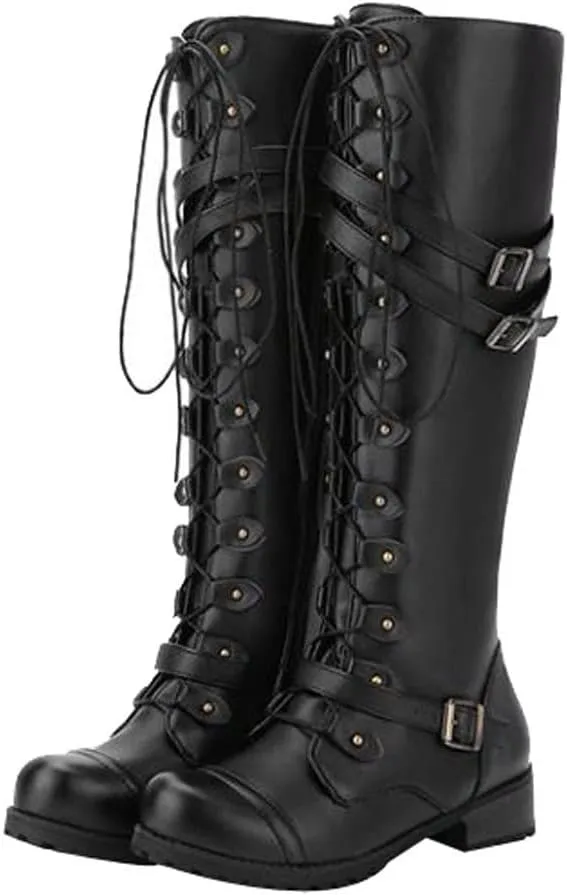 Womens Combat Boots,Low Heel Round Toe Tall Boots with Multi Adjustable Buckl Strap Long Strappy Lace Up Knee High Boots Classic Steampunk High Boots for Women Winter Fall Walking Hiking