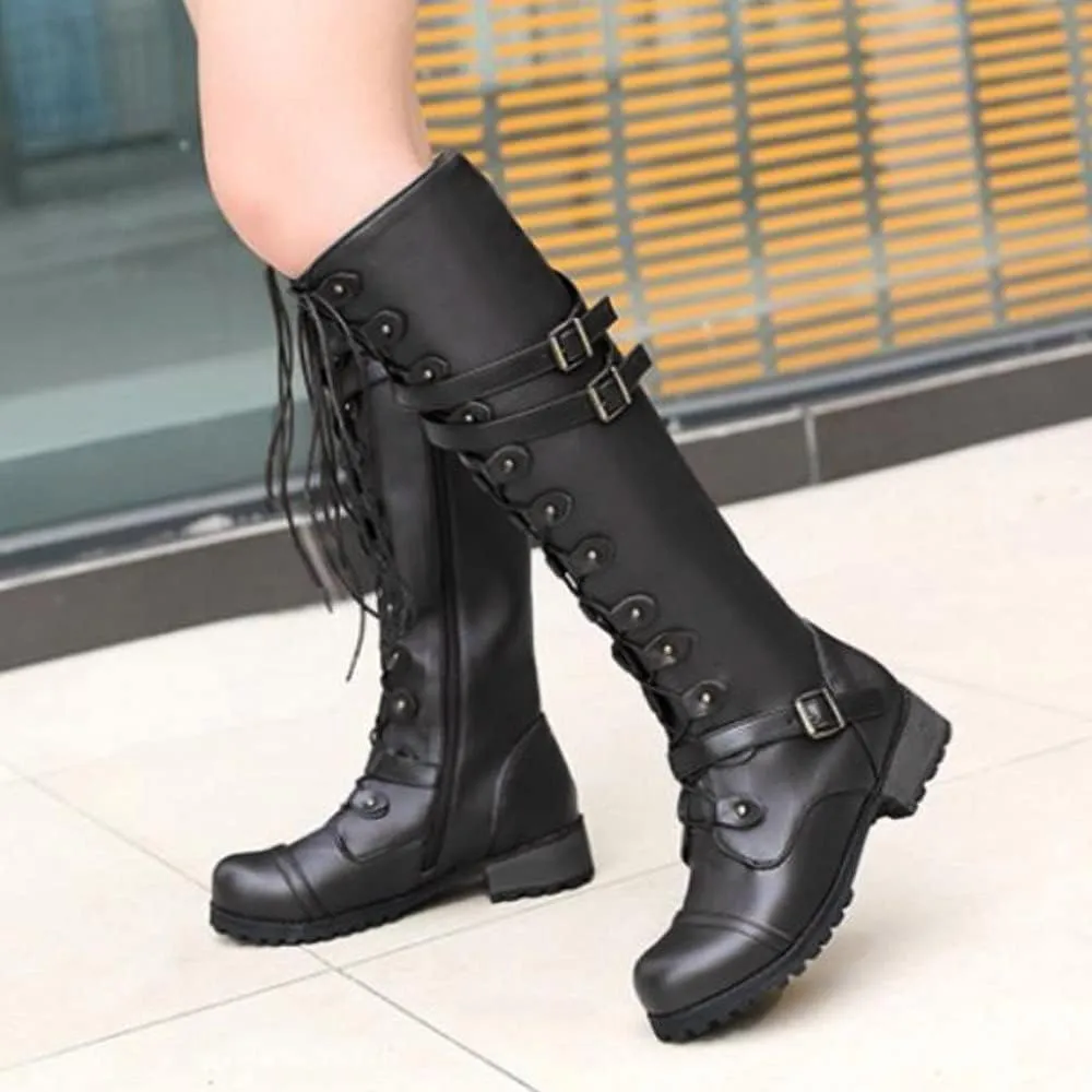 Womens Combat Boots,Low Heel Round Toe Tall Boots with Multi Adjustable Buckl Strap Long Strappy Lace Up Knee High Boots Classic Steampunk High Boots for Women Winter Fall Walking Hiking