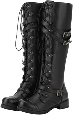 Womens Combat Boots,Low Heel Round Toe Tall Boots with Multi Adjustable Buckl Strap Long Strappy Lace Up Knee High Boots Classic Steampunk High Boots for Women Winter Fall Walking Hiking