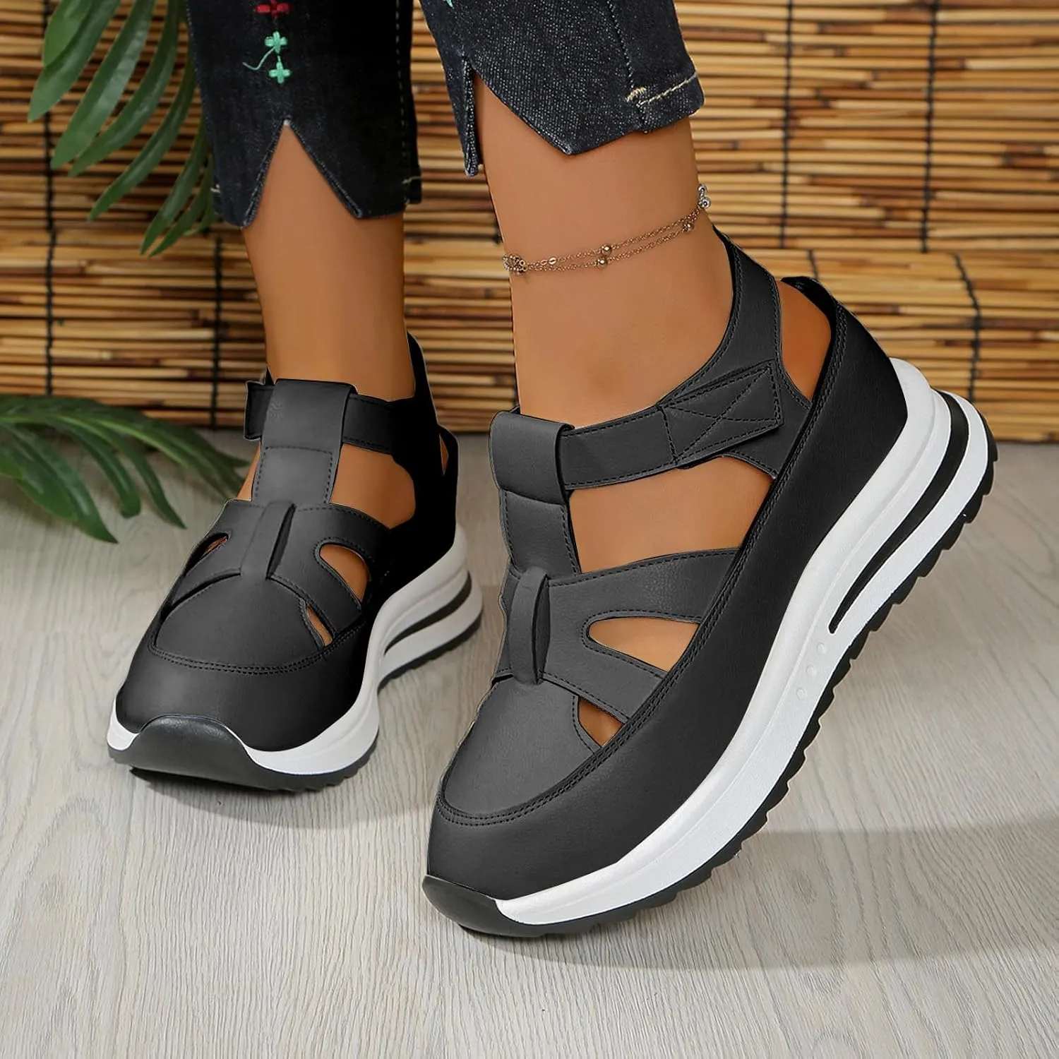 Womens Comfy Wedge Sandals Orthopedic Closed Toe Hollow Out Cushioned Footbed Arch Support Sports Sandal Ladies Comfortable Summer Adjustable Strappy Shoes for Hiking Walking Outdoor Indoor