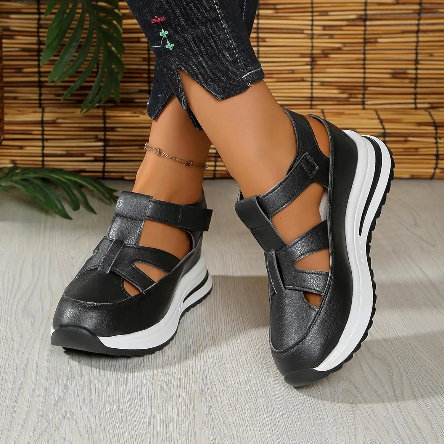 Womens Comfy Wedge Sandals Orthopedic Closed Toe Hollow Out Cushioned Footbed Arch Support Sports Sandal Ladies Comfortable Summer Adjustable Strappy Shoes for Hiking Walking Outdoor Indoor