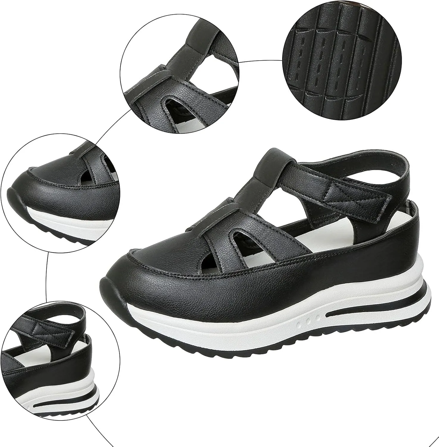 Womens Comfy Wedge Sandals Orthopedic Closed Toe Hollow Out Cushioned Footbed Arch Support Sports Sandal Ladies Comfortable Summer Adjustable Strappy Shoes for Hiking Walking Outdoor Indoor