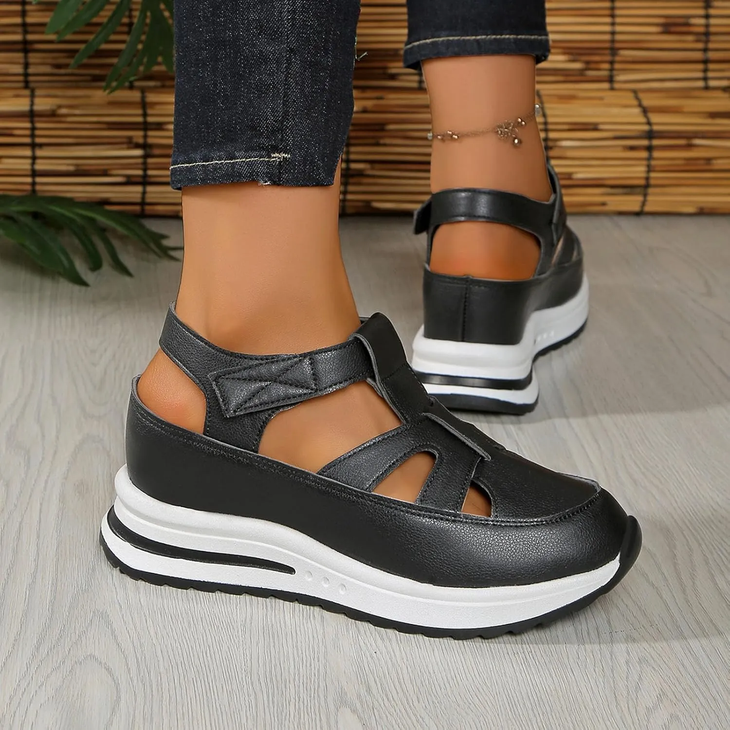 Womens Comfy Wedge Sandals Orthopedic Closed Toe Hollow Out Cushioned Footbed Arch Support Sports Sandal Ladies Comfortable Summer Adjustable Strappy Shoes for Hiking Walking Outdoor Indoor