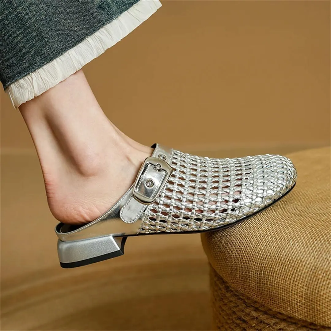 WomenS Concise Genuine Leather Breathable Low Square Heel Buckle Mules for Daily Shopping and Walking