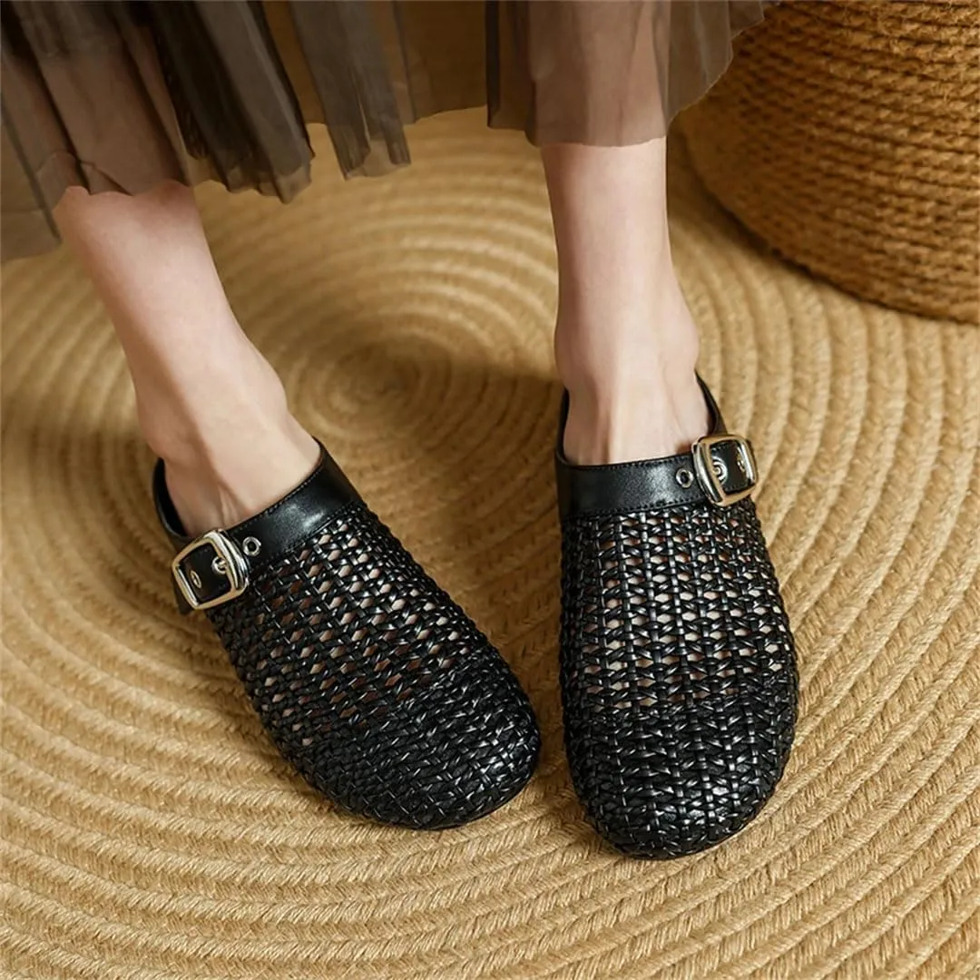 WomenS Concise Genuine Leather Breathable Low Square Heel Buckle Mules for Daily Shopping and Walking