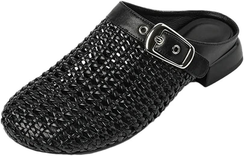 WomenS Concise Genuine Leather Breathable Low Square Heel Buckle Mules for Daily Shopping and Walking