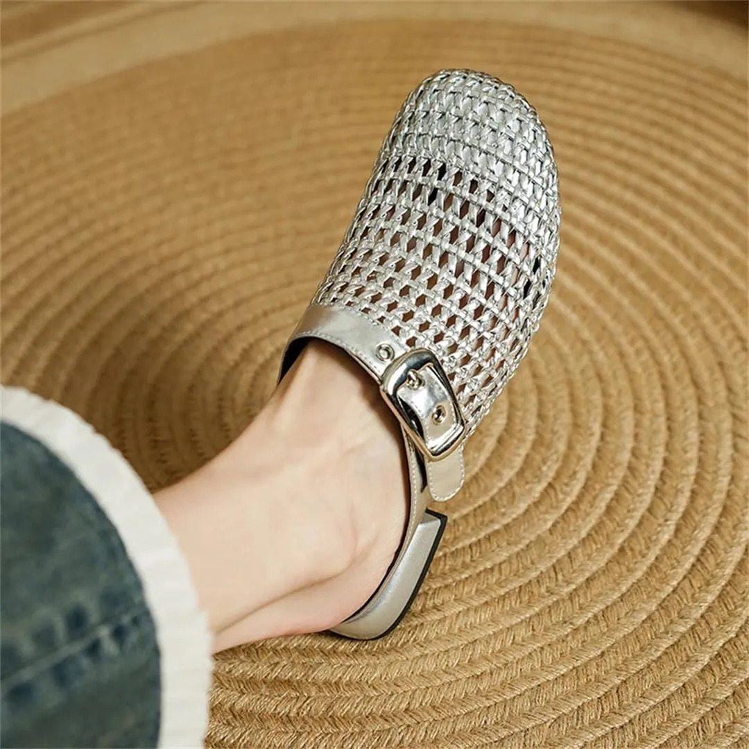 WomenS Concise Genuine Leather Breathable Low Square Heel Buckle Mules for Daily Shopping and Walking