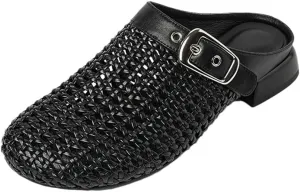 WomenS Concise Genuine Leather Breathable Low Square Heel Buckle Mules for Daily Shopping and Walking
