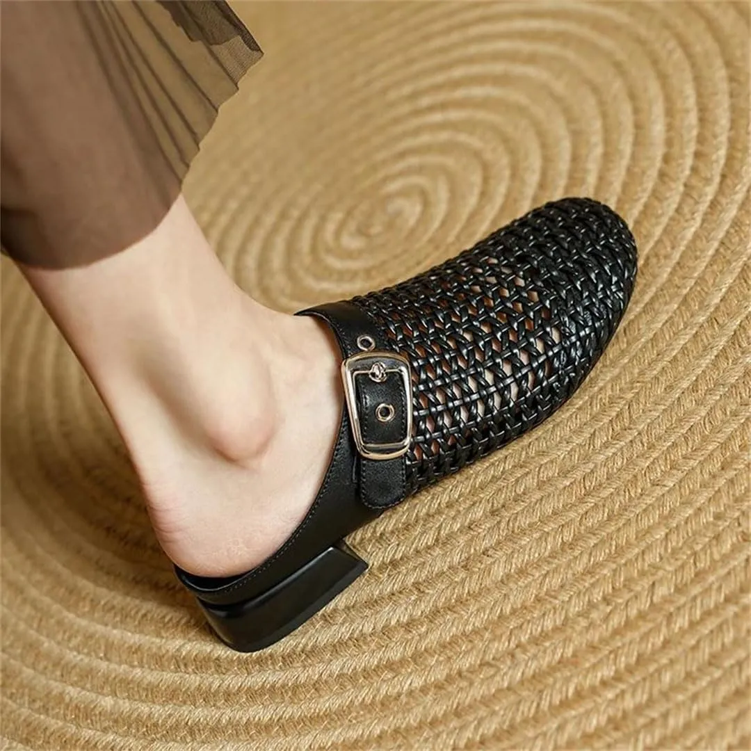 WomenS Concise Genuine Leather Breathable Low Square Heel Buckle Mules for Daily Shopping and Walking