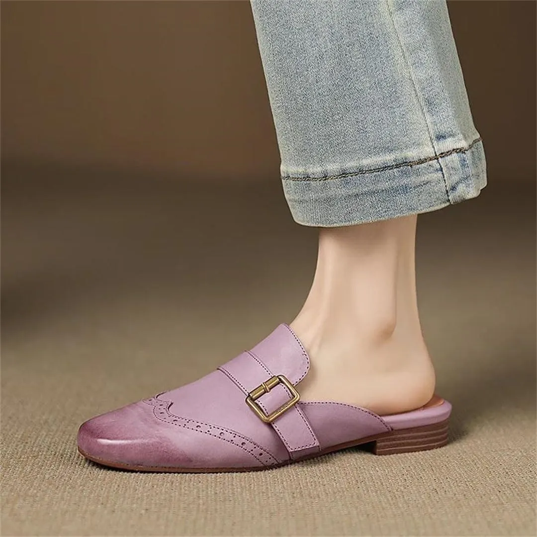 WomenS Concise Genuine Leather Round Toe Slip On Low Square Heel Casual Mules for Daily Shopping and Walking