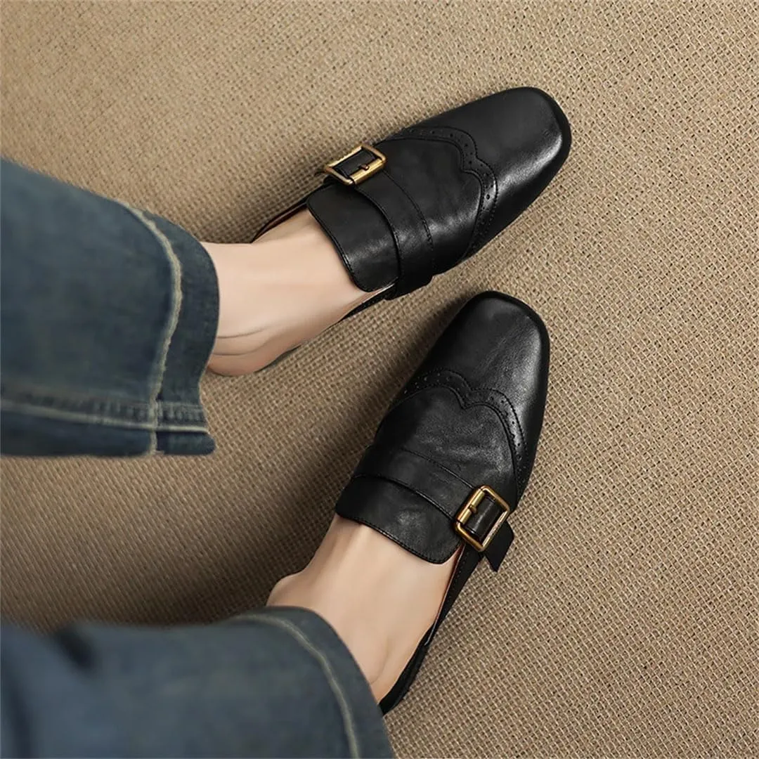 WomenS Concise Genuine Leather Round Toe Slip On Low Square Heel Casual Mules for Daily Shopping and Walking