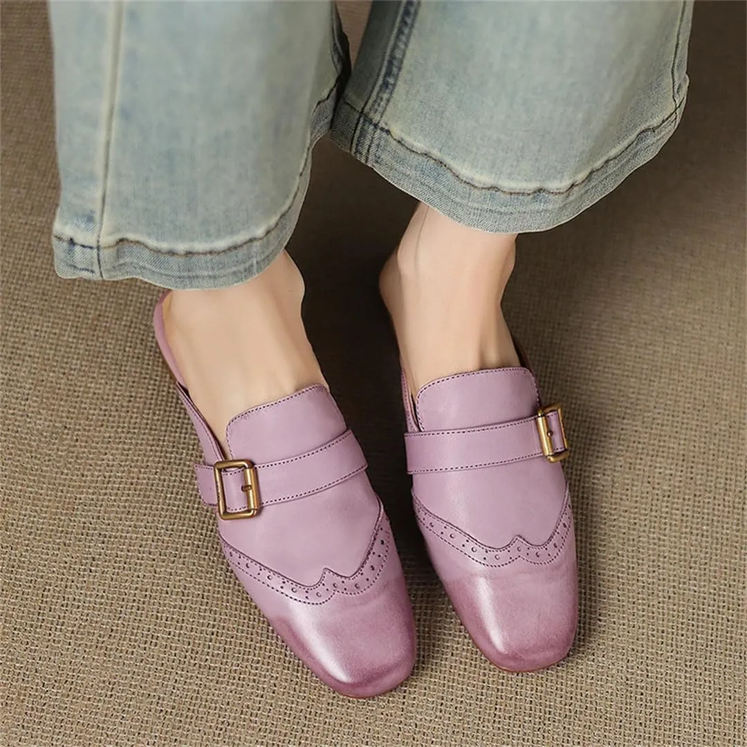 WomenS Concise Genuine Leather Round Toe Slip On Low Square Heel Casual Mules for Daily Shopping and Walking