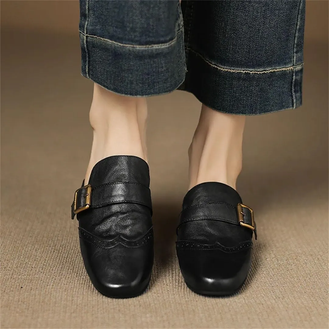 WomenS Concise Genuine Leather Round Toe Slip On Low Square Heel Casual Mules for Daily Shopping and Walking