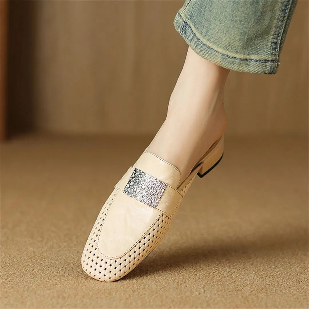 WomenS Concise Genuine Leather Square Toe Slip On Comfortable Feather Accent Casual Mules