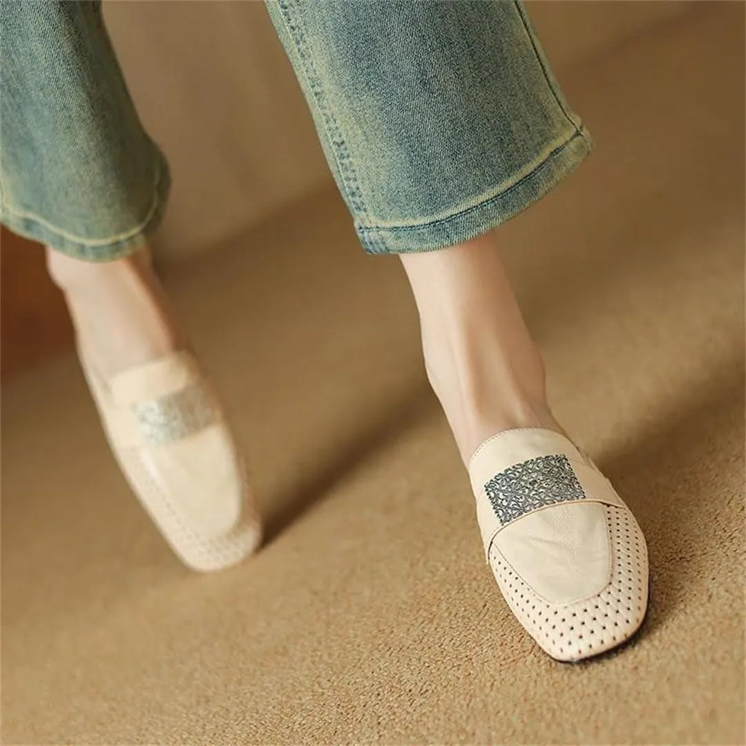 WomenS Concise Genuine Leather Square Toe Slip On Comfortable Feather Accent Casual Mules