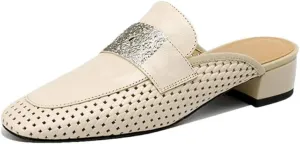 WomenS Concise Genuine Leather Square Toe Slip On Comfortable Feather Accent Casual Mules