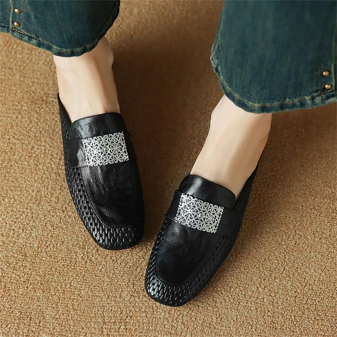 WomenS Concise Genuine Leather Square Toe Slip On Comfortable Feather Accent Casual Mules