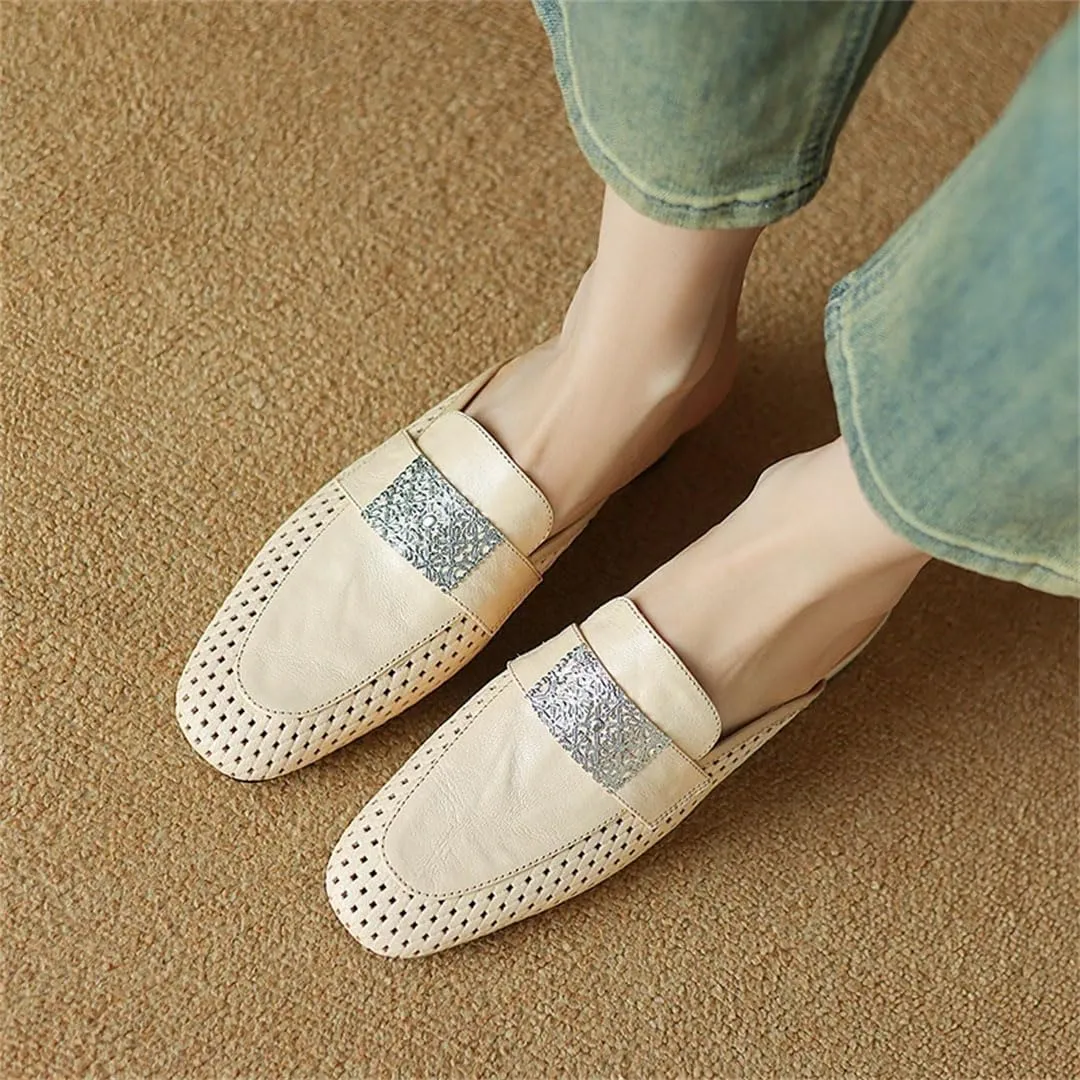 WomenS Concise Genuine Leather Square Toe Slip On Comfortable Feather Accent Casual Mules