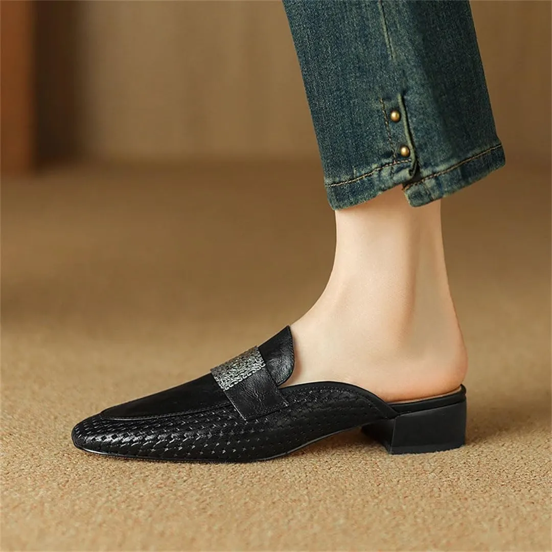 WomenS Concise Genuine Leather Square Toe Slip On Comfortable Feather Accent Casual Mules