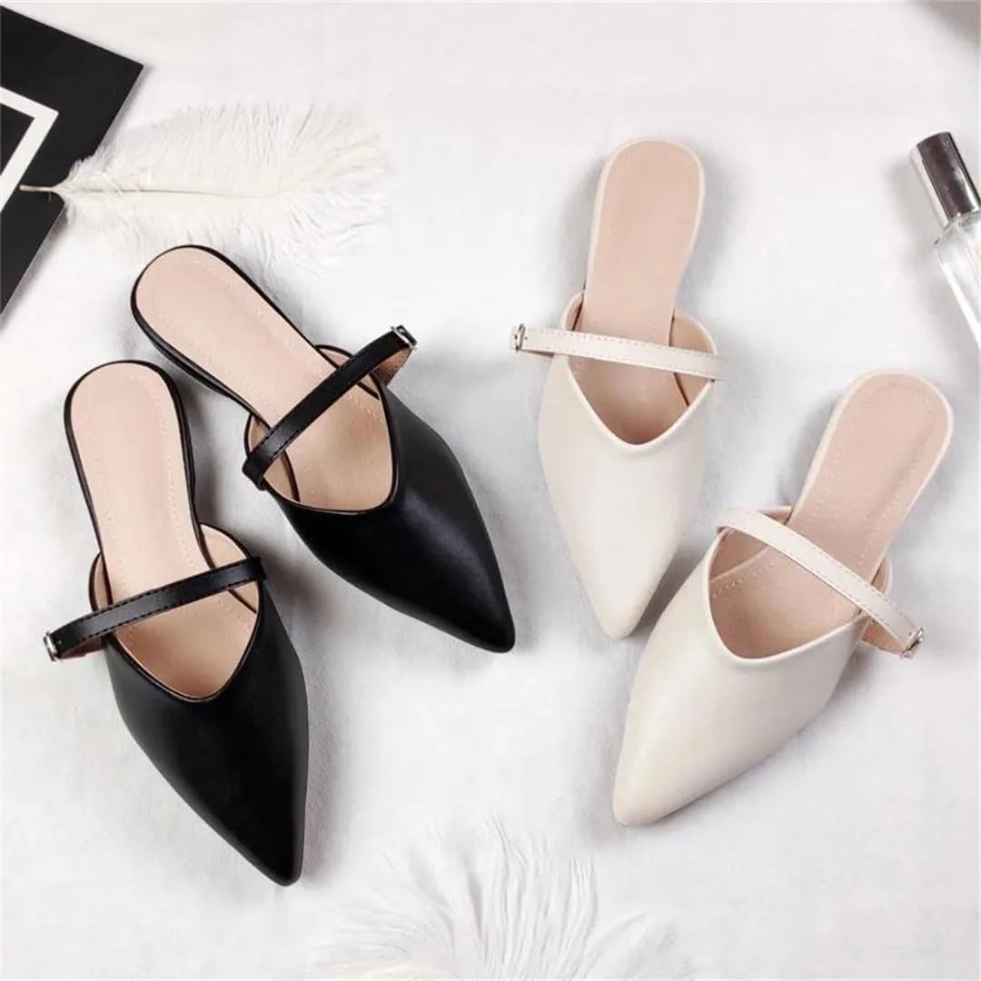 WomenS Concise Pointed Toe Flat Heel Microfiber Shallow Pull On Mules for Daily Shopping and Walking