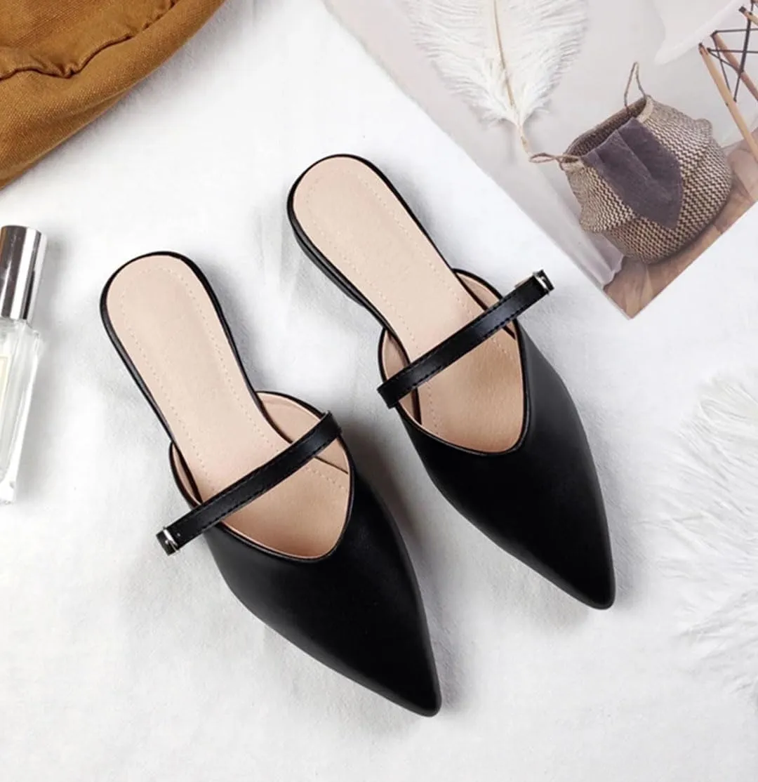 WomenS Concise Pointed Toe Flat Heel Microfiber Shallow Pull On Mules for Daily Shopping and Walking