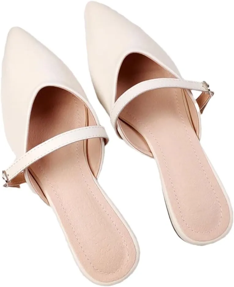 WomenS Concise Pointed Toe Flat Heel Microfiber Shallow Pull On Mules for Daily Shopping and Walking