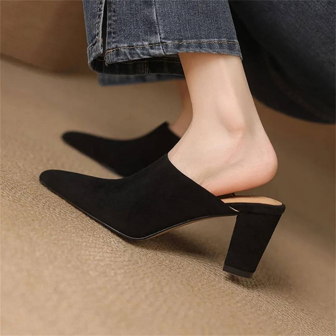 WomenS Concise Style Slip-On Pointed Toe High Heel Suede Square Heel Mules for Daily Shopping and Walking