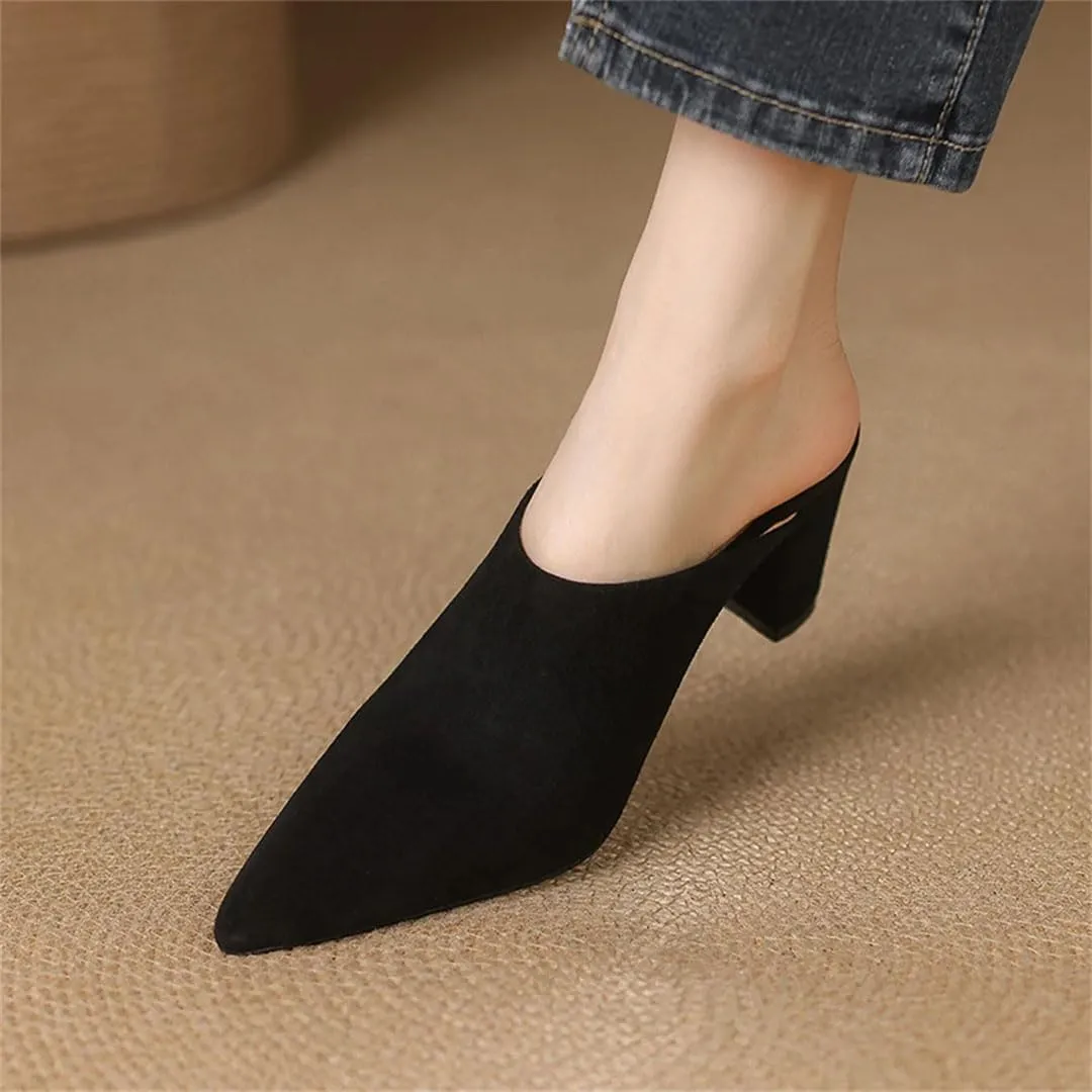 WomenS Concise Style Slip-On Pointed Toe High Heel Suede Square Heel Mules for Daily Shopping and Walking