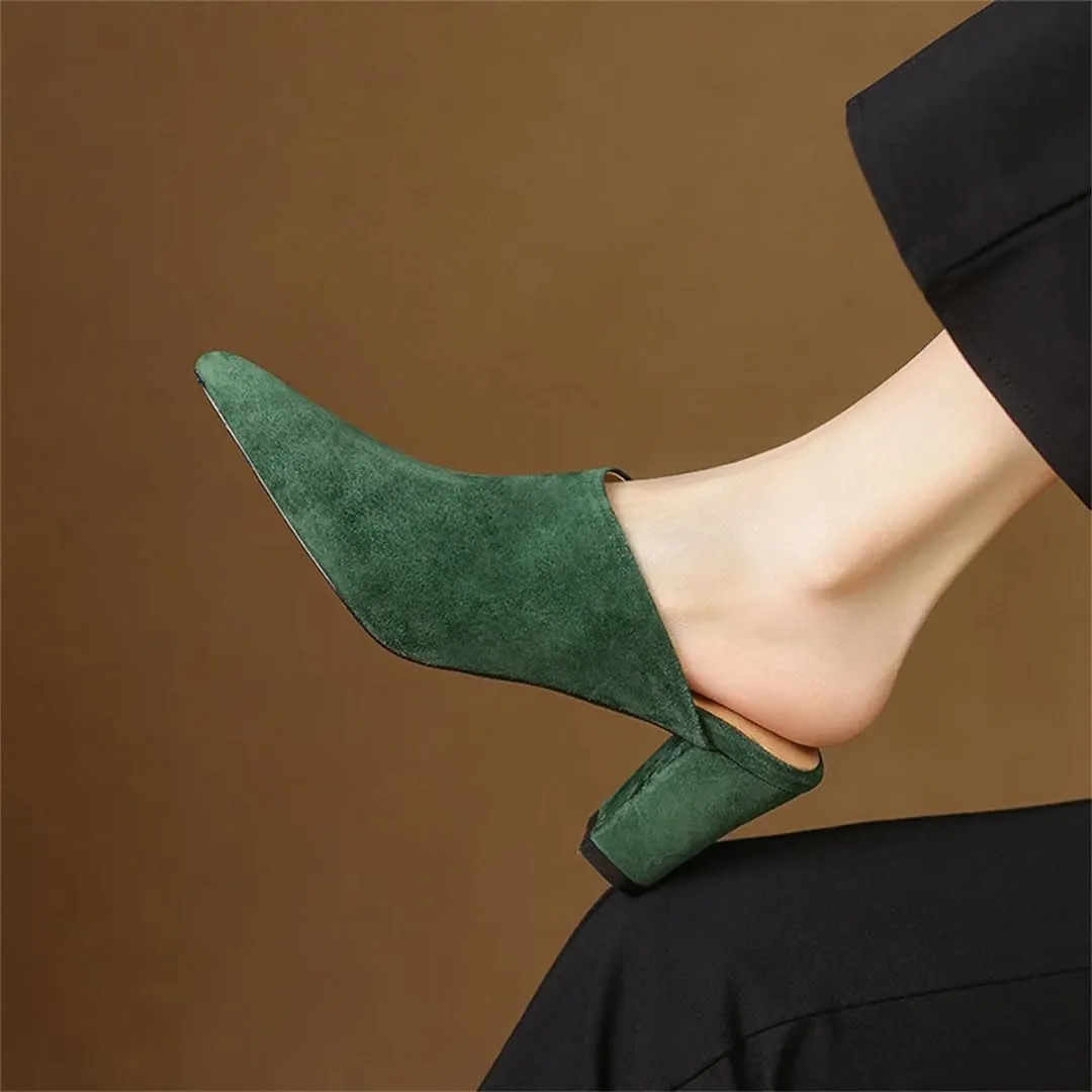 WomenS Concise Style Slip-On Pointed Toe High Heel Suede Square Heel Mules for Daily Shopping and Walking