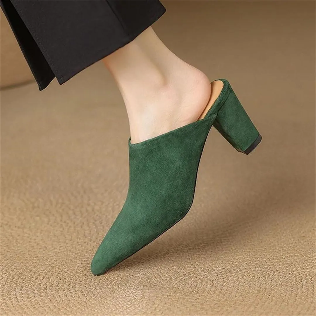 WomenS Concise Style Slip-On Pointed Toe High Heel Suede Square Heel Mules for Daily Shopping and Walking