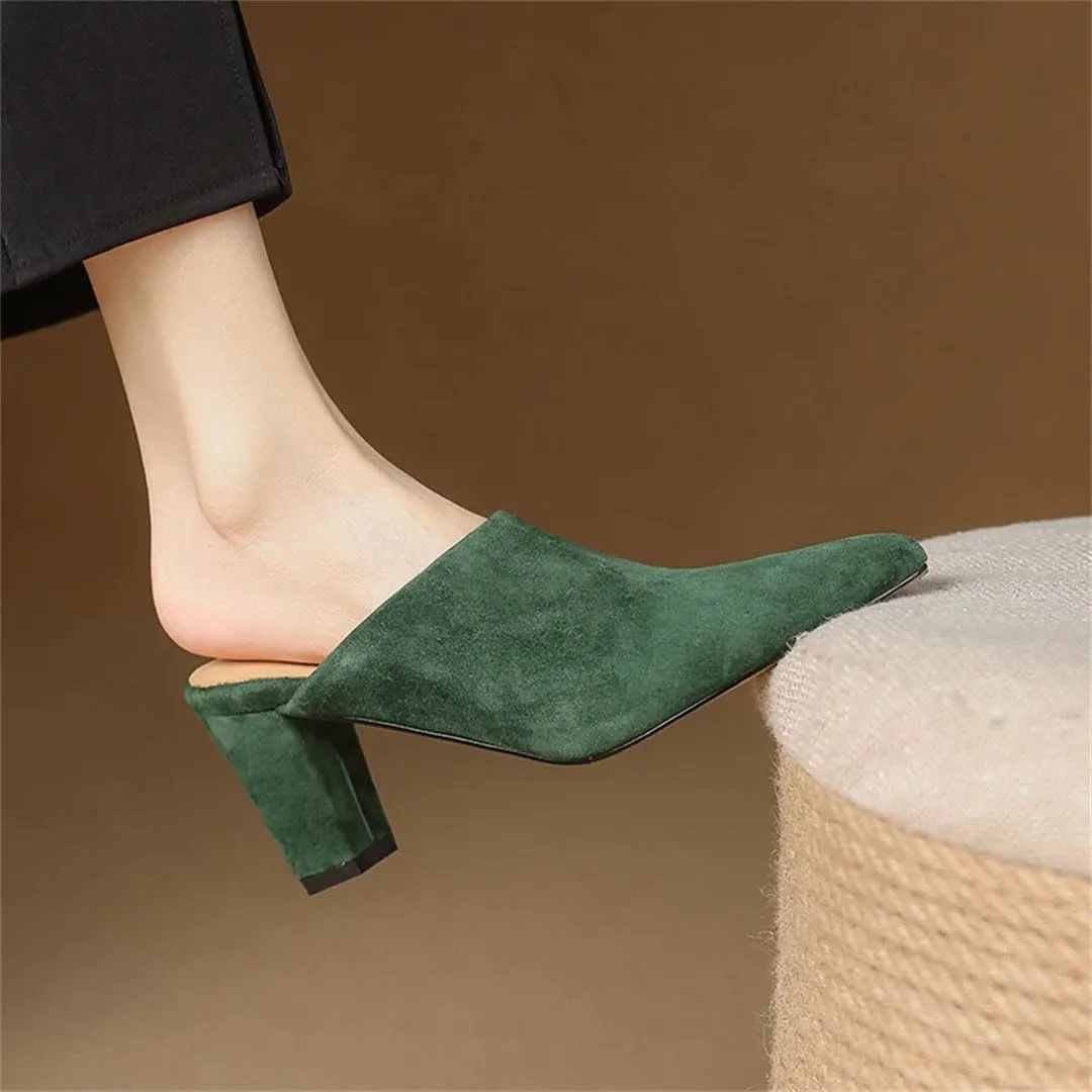 WomenS Concise Style Slip-On Pointed Toe High Heel Suede Square Heel Mules for Daily Shopping and Walking