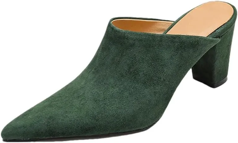 WomenS Concise Style Slip-On Pointed Toe High Heel Suede Square Heel Mules for Daily Shopping and Walking