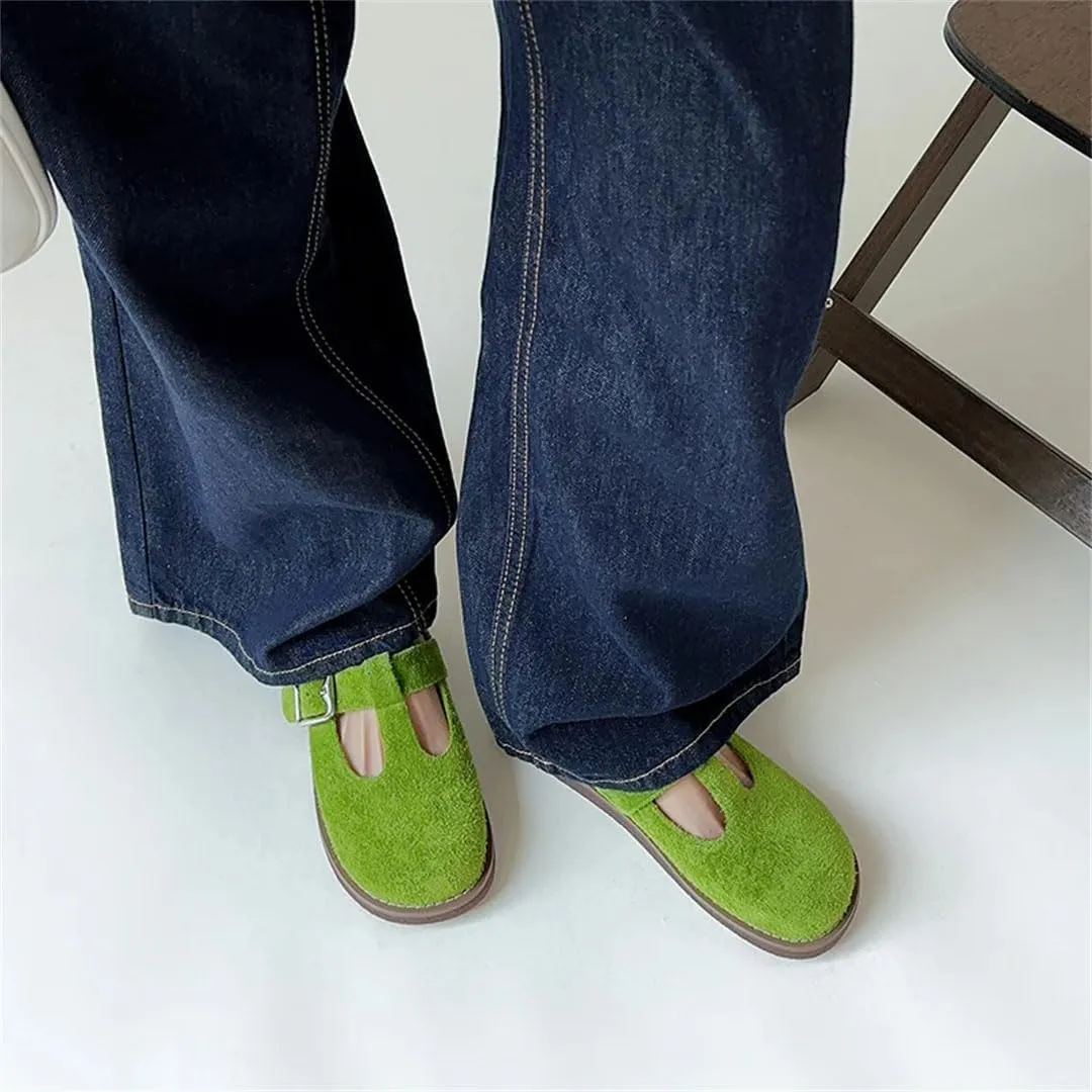 WomenS Concise Style Slip-On Round Toe Genuine Leather Mules for Daily Shopping and Walking