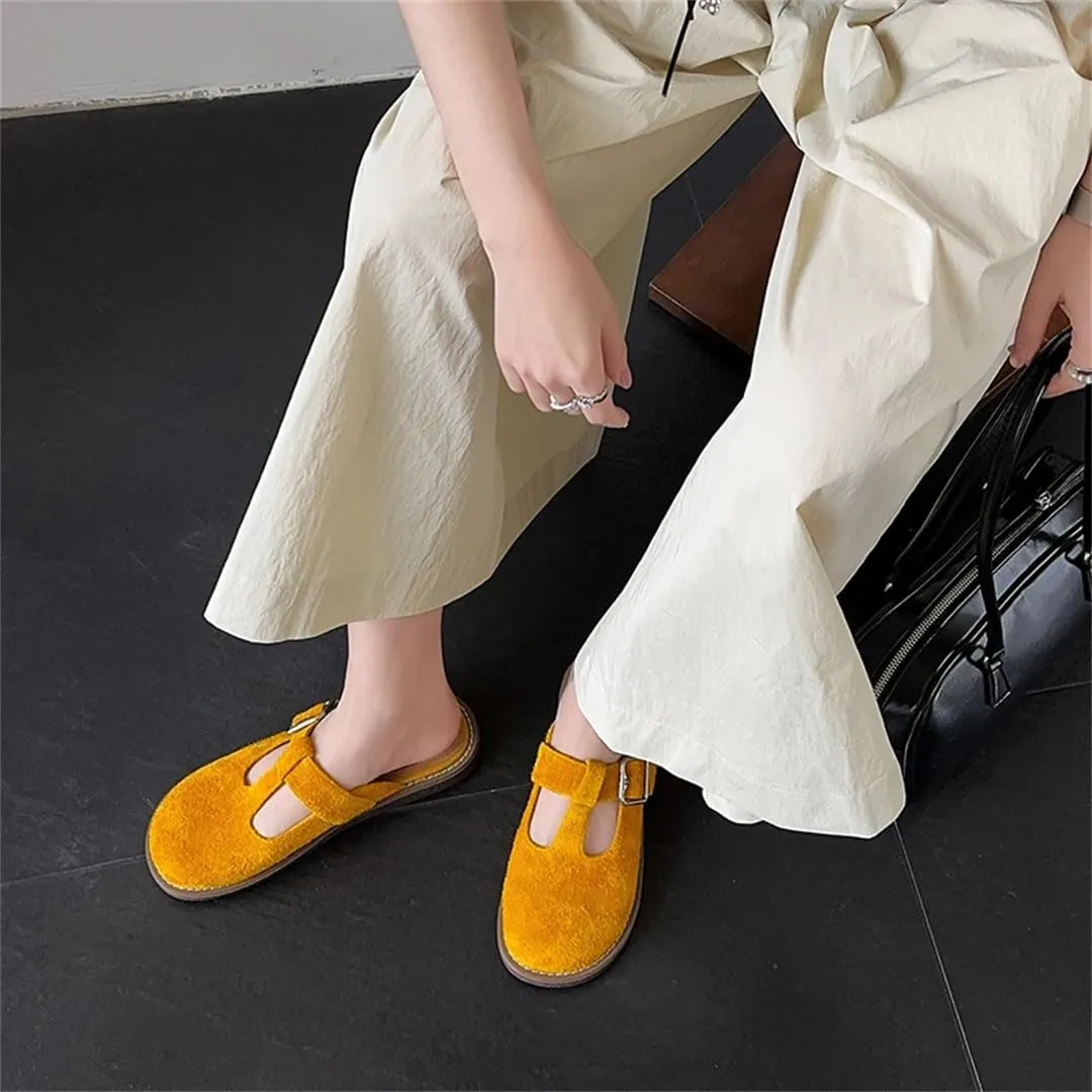 WomenS Concise Style Slip-On Round Toe Genuine Leather Mules for Daily Shopping and Walking