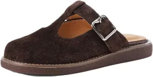 WomenS Concise Style Slip-On Round Toe Genuine Leather Mules for Daily Shopping and Walking