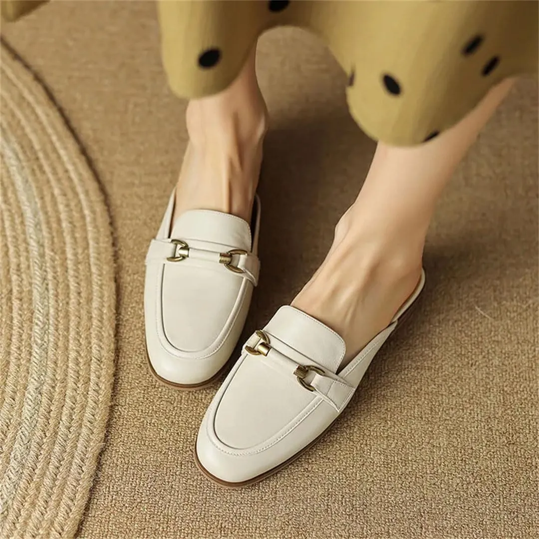 WomenS Designer Genuine Leather Low Square Heel Platform Pull On Metal Chain Casual Mules for Daily Shopping and Walking