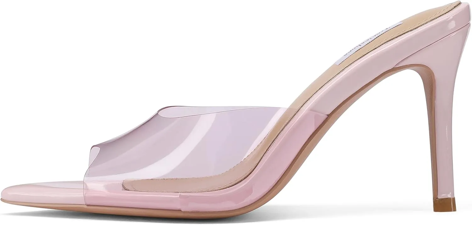 Women's Elegant Clear Pointed Open Toe Stiletto Heel Slide Sandals Sexy Slip On 3 inch High Heels Mules Slippers Summer Party Shoes