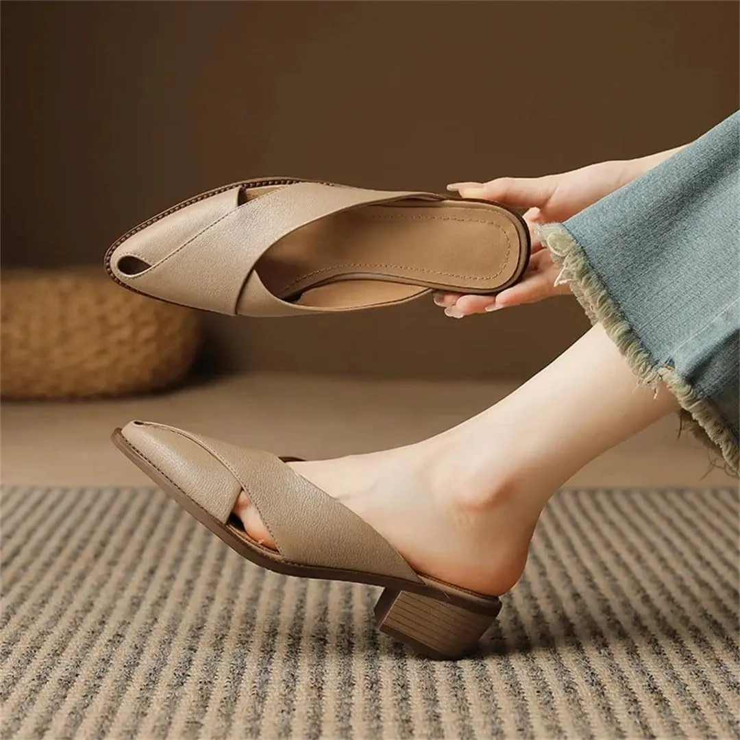 WomenS Elegant Genuine Leather Pointed Toe Mid Square Heel Mules for Daily Shopping and Walking