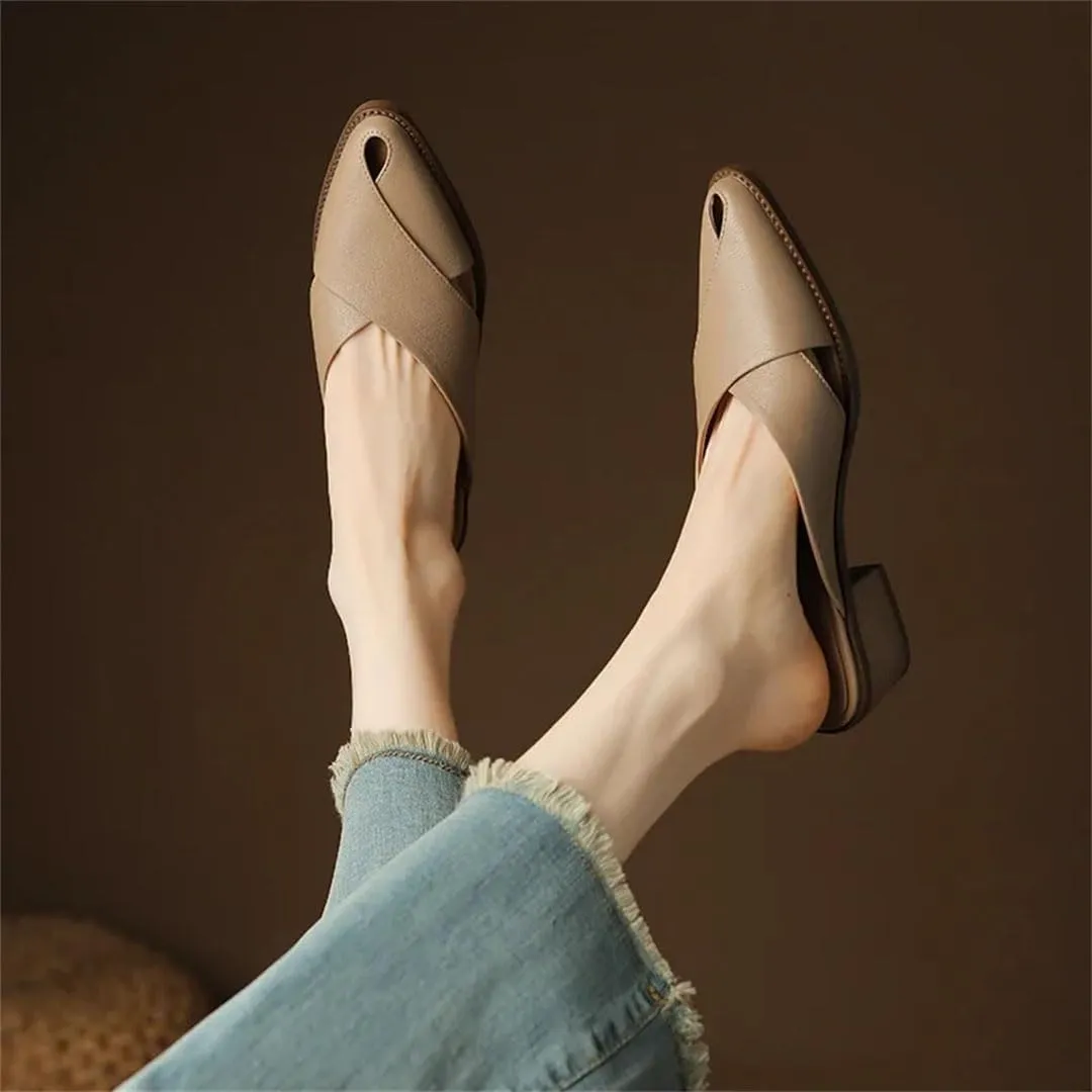 WomenS Elegant Genuine Leather Pointed Toe Mid Square Heel Mules for Daily Shopping and Walking
