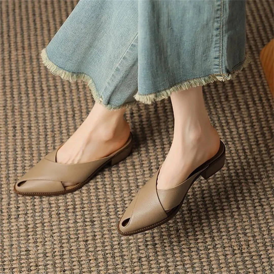 WomenS Elegant Genuine Leather Pointed Toe Mid Square Heel Mules for Daily Shopping and Walking