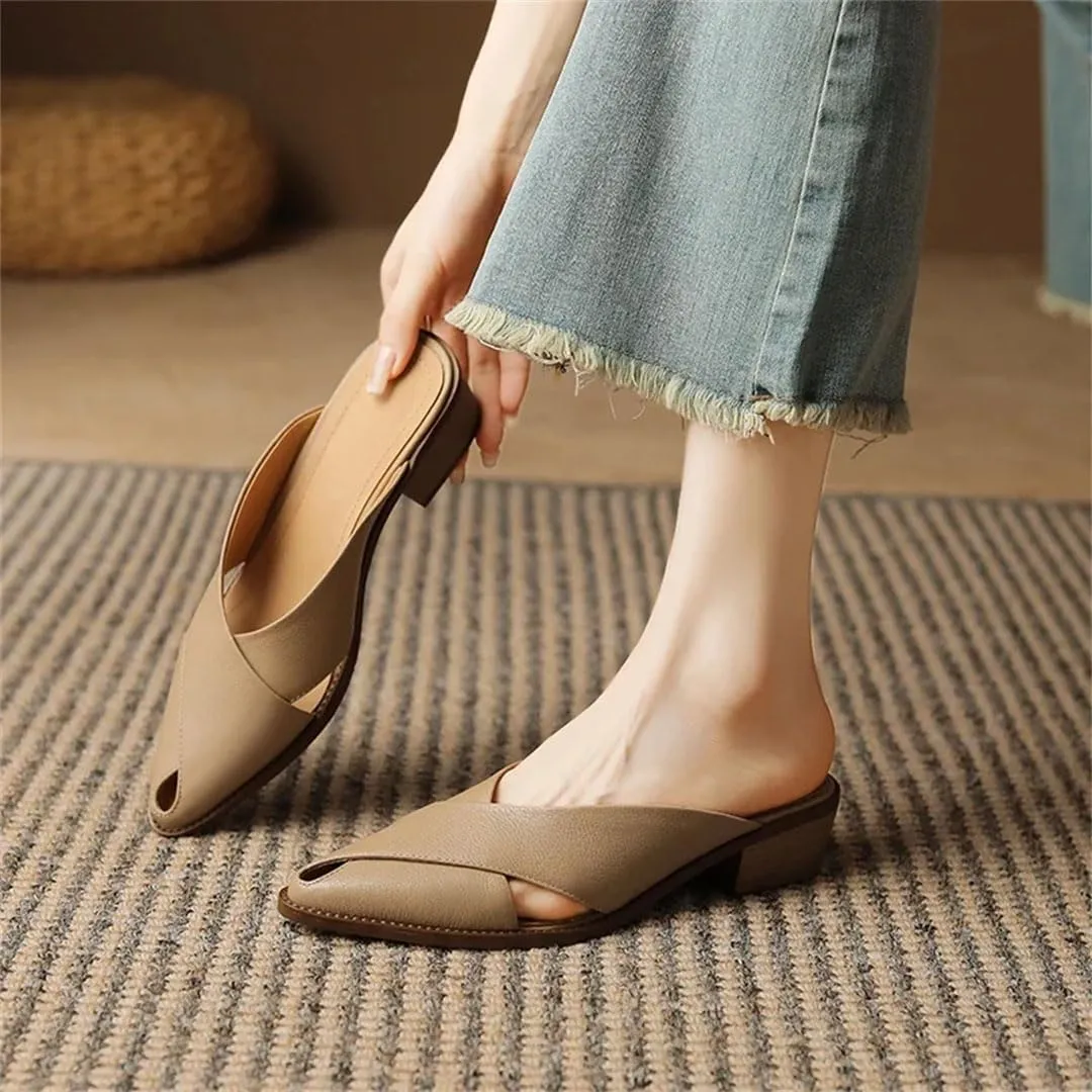 WomenS Elegant Genuine Leather Pointed Toe Mid Square Heel Mules for Daily Shopping and Walking