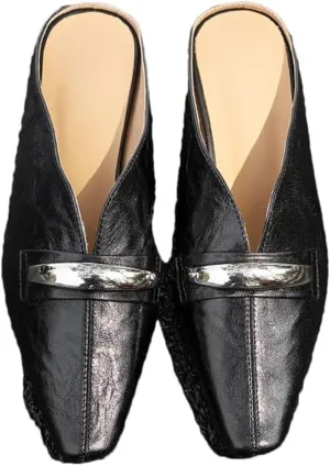 WomenS Elegant Pointed Toe Pull On Low Square Heel Metal Buckle Genuine Leather Mules for Daily Shopping and Walking