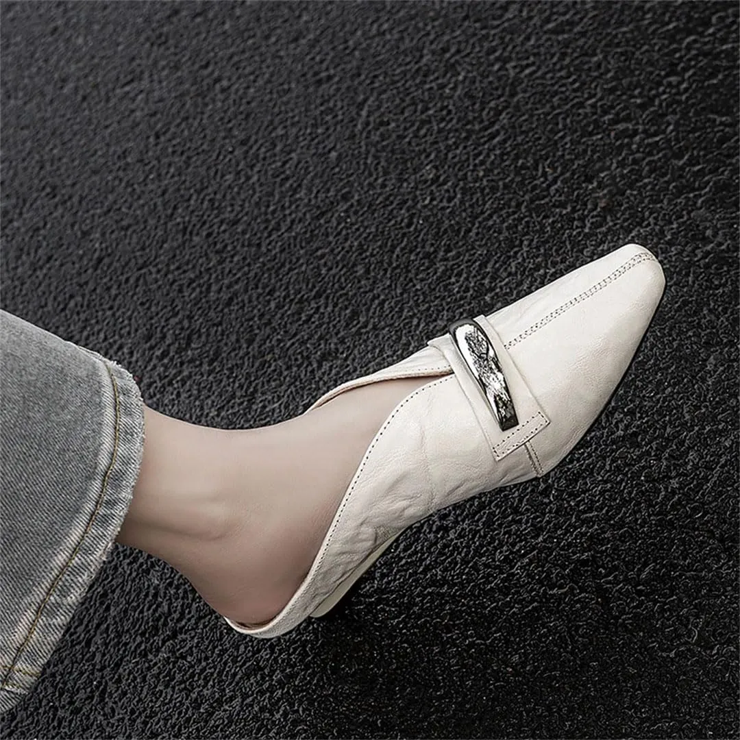 WomenS Elegant Pointed Toe Pull On Low Square Heel Metal Buckle Genuine Leather Mules for Daily Shopping and Walking