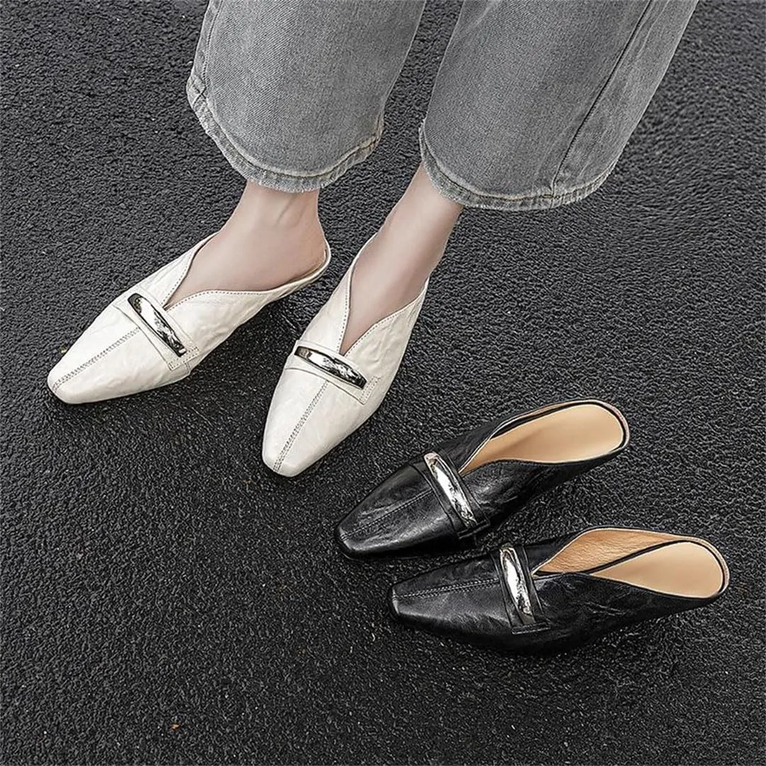 WomenS Elegant Pointed Toe Pull On Low Square Heel Metal Buckle Genuine Leather Mules for Daily Shopping and Walking