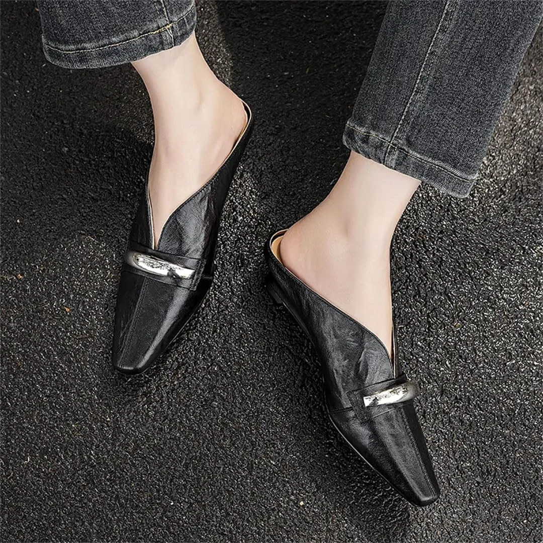 WomenS Elegant Pointed Toe Pull On Low Square Heel Metal Buckle Genuine Leather Mules for Daily Shopping and Walking