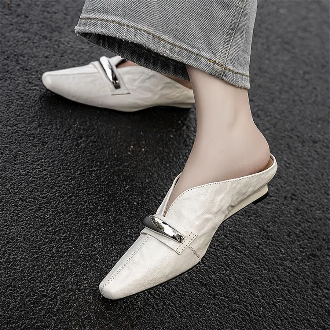 WomenS Elegant Pointed Toe Pull On Low Square Heel Metal Buckle Genuine Leather Mules for Daily Shopping and Walking