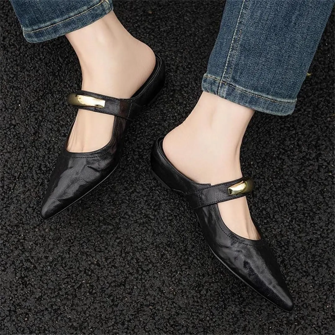 WomenS Elegant Pointed Toe Pull On Med Square Heel Metal Buckle Genuine Leather Mules for Daily Shopping and Walking